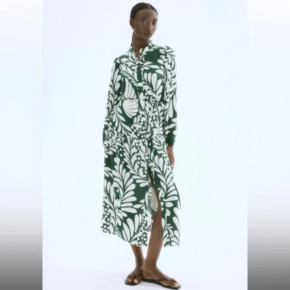 H&M Green and White Leaf Print Long Sleeve Dress Puff-Sleeve - Picture 3 of 12